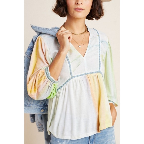 Anthropologie Tops - Anthro Bl^nk London Renata Tie Dye Top Size M Multicolor V-Neck Puff Sleeve Boho